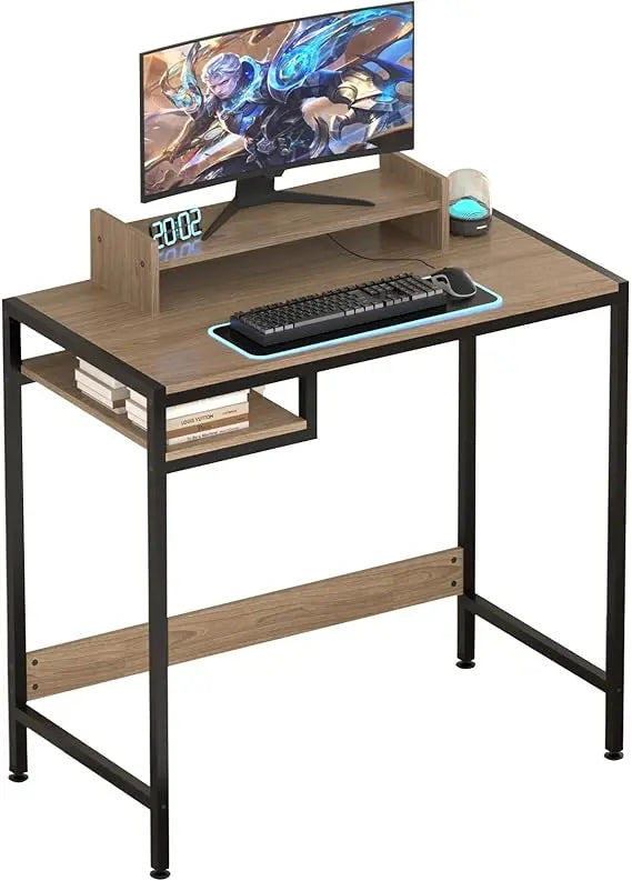 Gaming/Computer Desk - 47” Home Office Small Desk with Monitor Stand Rustic Writing Desk for 2 Monitors Adjustable