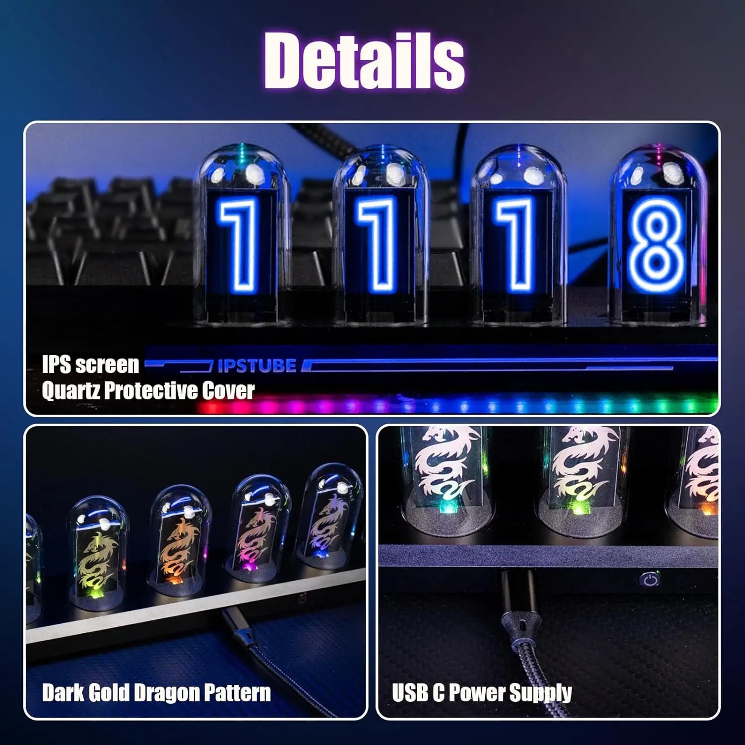 USB Powered RGB Nixie Tube Clock with IPS Color Screen Corded Electric Aluminum Oval Alarm Clock with Charging Port