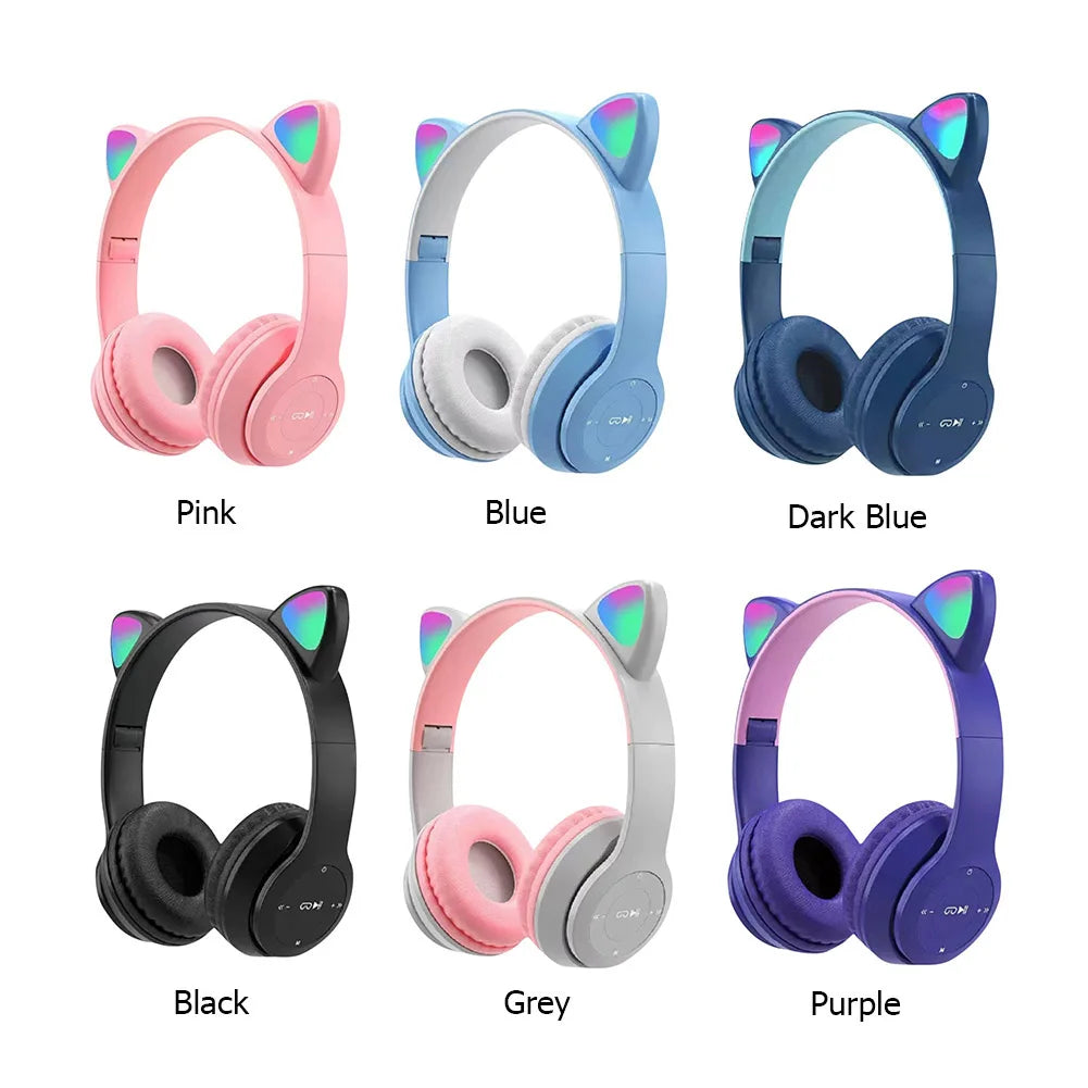 Wireless Headphones Cat Ear Gaming Headset Glow Light Bluetooth-Compatible Helmets Cute Over-Ear Headsets for Kids