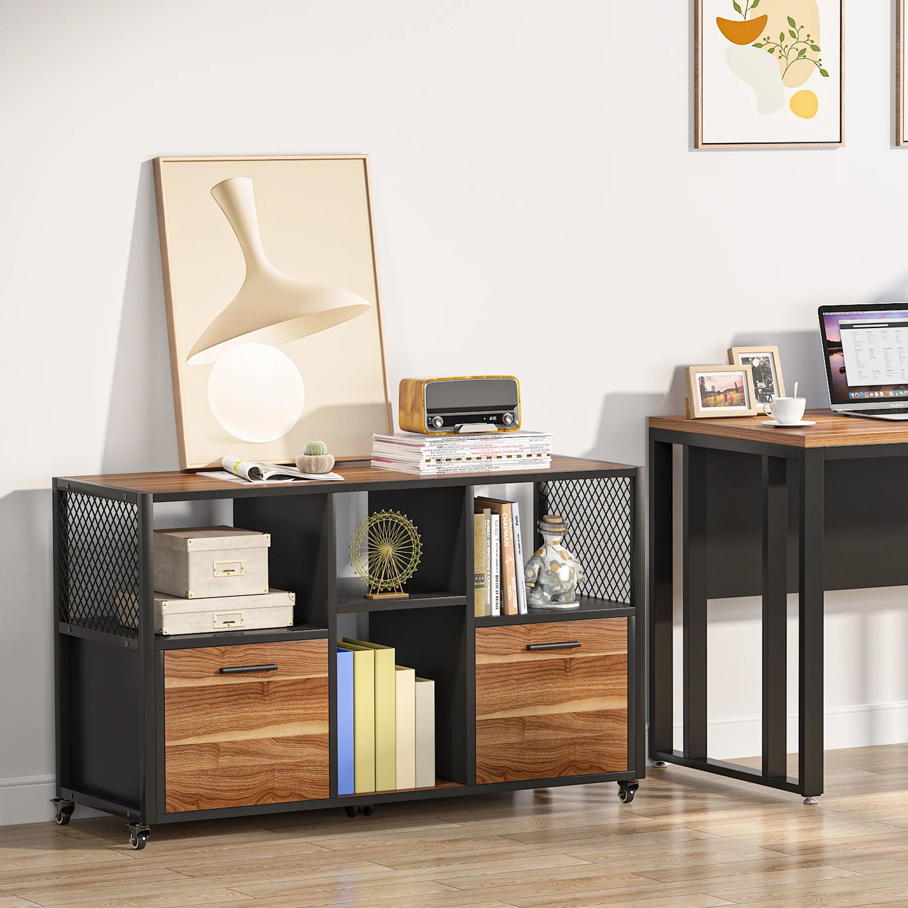 Tribesigns 2 Drawer Wood File Cabinets Mobile Lateral Filing Cabinet for Letter A4 Size Printer Stand with Shelves