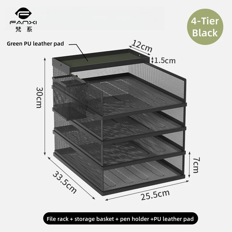 Metal File Stack Stackable Desk Organizer Office Desktop Organizer Multilayer File Tray with a Hanging Pen Holder Desk