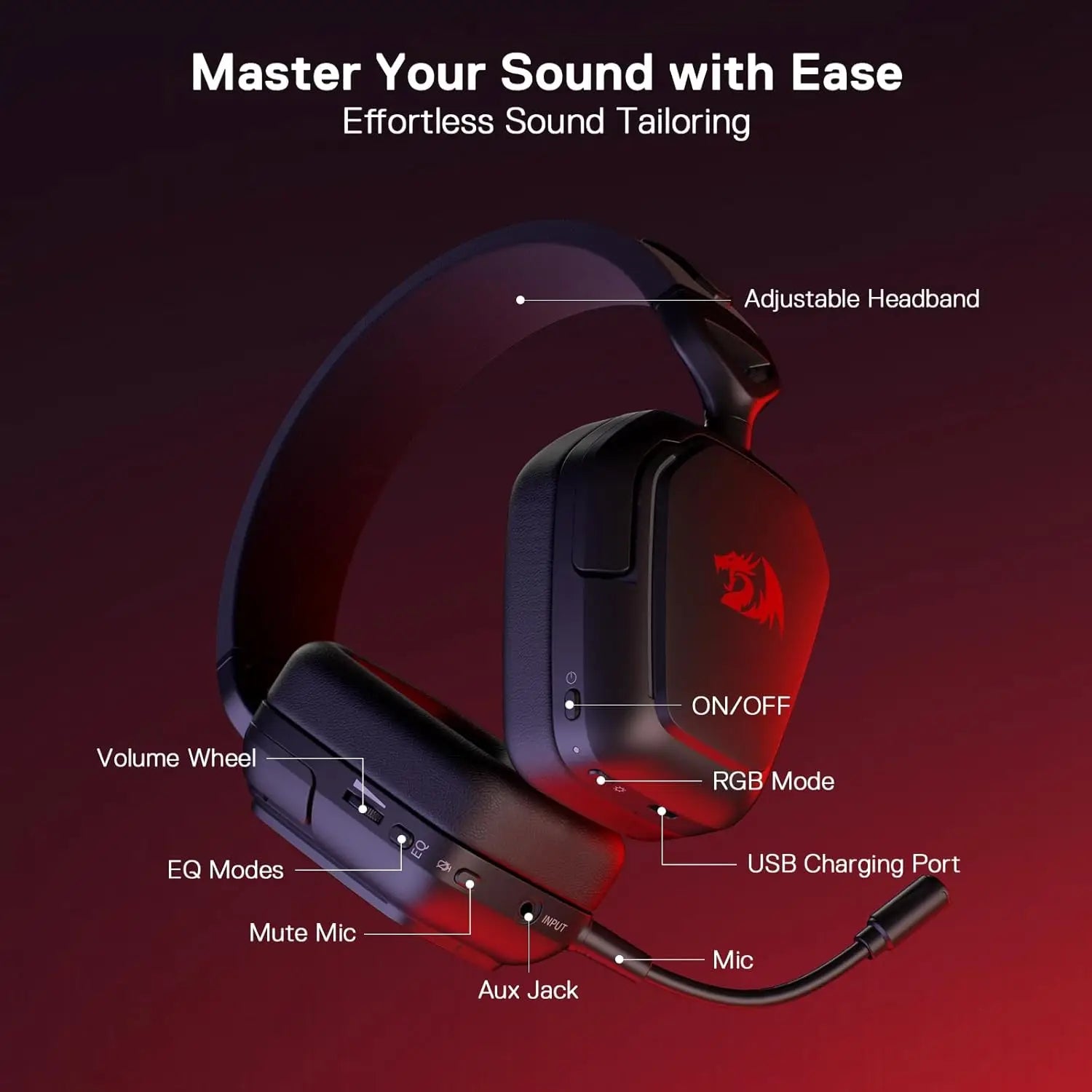 Redragon H868 3-Mode Wireless RGB Gaming Headset 7.1 Surround Sound 40 mm Drivers Noise-canceling Microphone Over-Ear