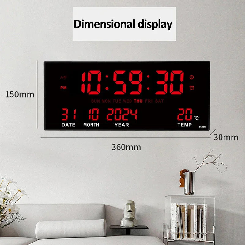 Digital Large Wall Clock Alarm Temperature Date Calendar Display 8 Sets of Alarm Clocks 14’’ Electronic LED Clock Plug