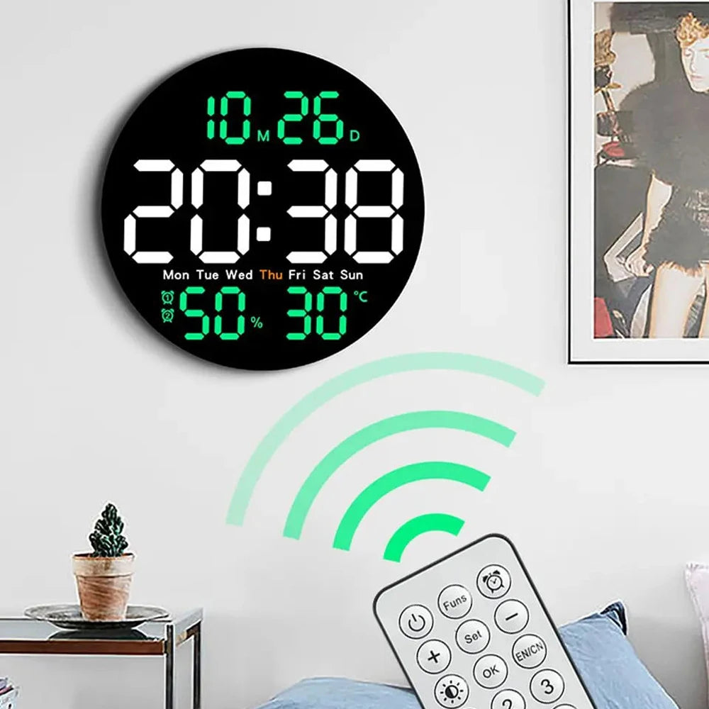 Remote Control LED Wall Clock with Dual Alarms,Calendar and Temperature Display for Home Decoration.Brightness
