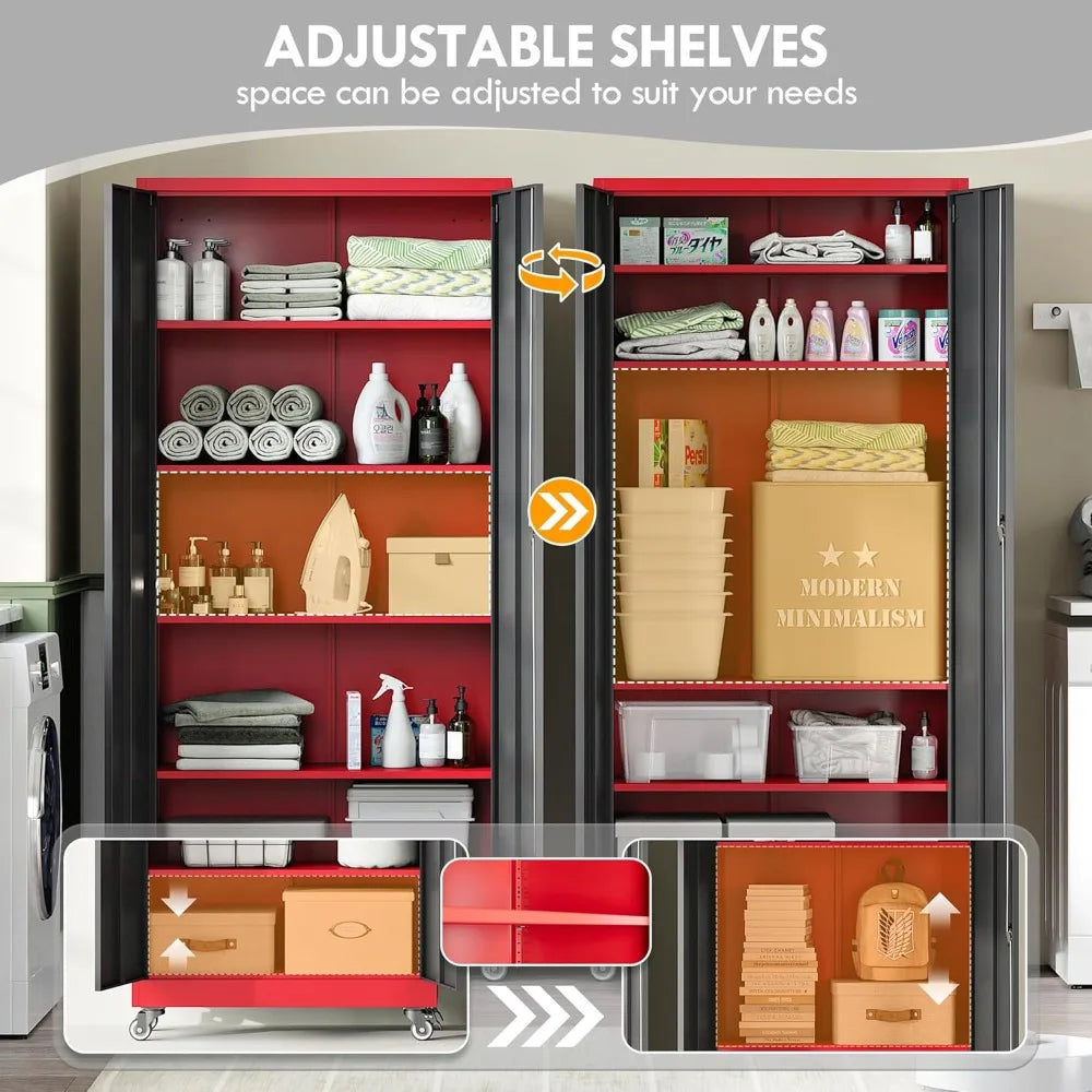 Metal Garage Storage Cabinet with Wheels 73’’ H Locking Tool Cabinet with 2 Doors and 4 Adjustable Shelves Tall Cabinet