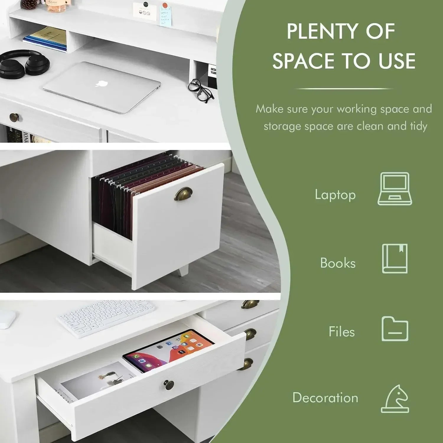 White Desk with Drawers 47 Inch Home Office Computer Desk with File Drawers Student Small Desk with Drawer for Bedroom