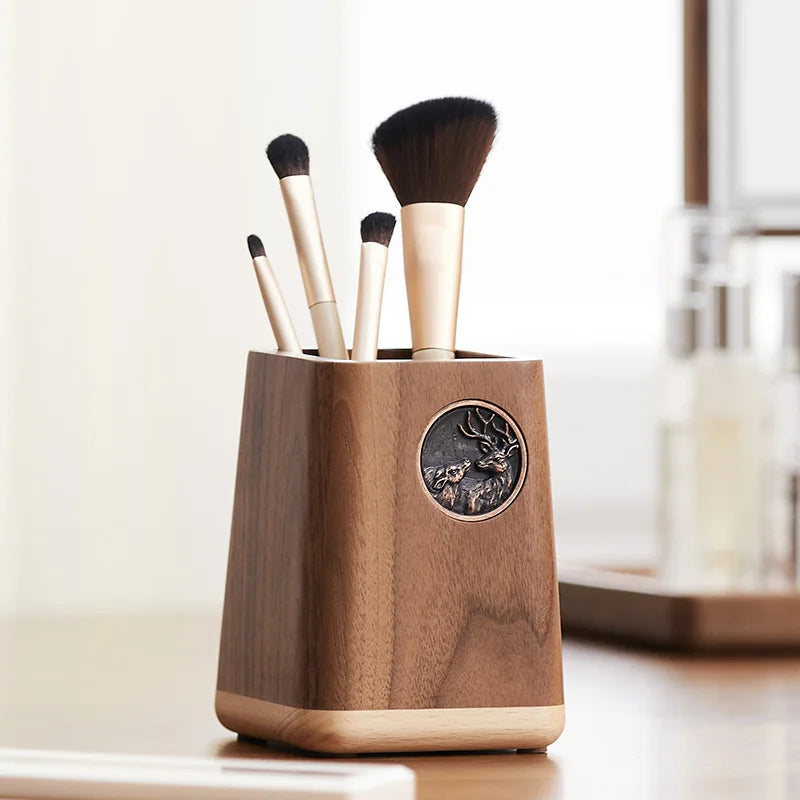 Black Walnut Solid Wood Pen Holder | Nordic Office Desk Organizer | Wooden Pen Stand with Storage Compartment