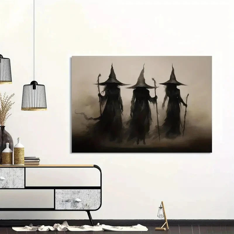 Abstract Retro Witch Halloween Canvas Prints Witchcraft Cartoon Cosplay Wall Art Poster for Family Bedroom Office Decor