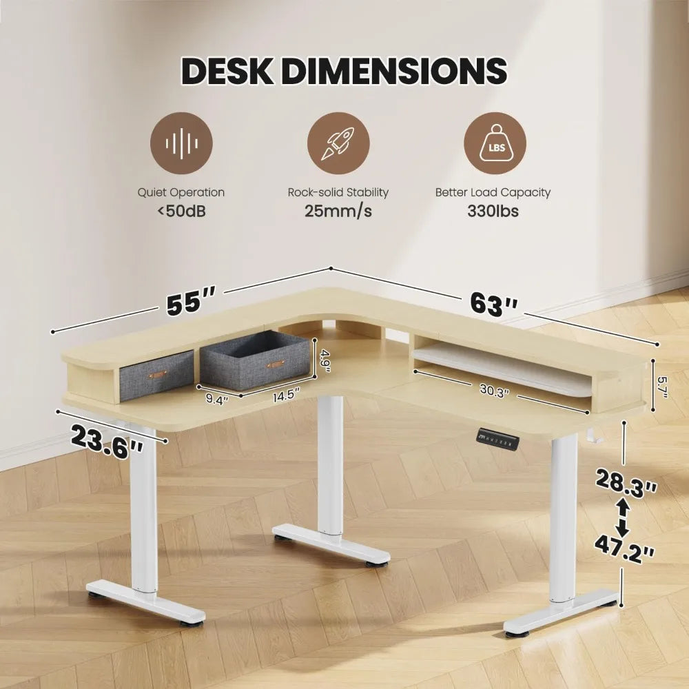 Electric L Shaped Standing Desk with Drawers 63’’ x 55’’ Corner Standing Desk Adjustable Height Stand Up Home Office