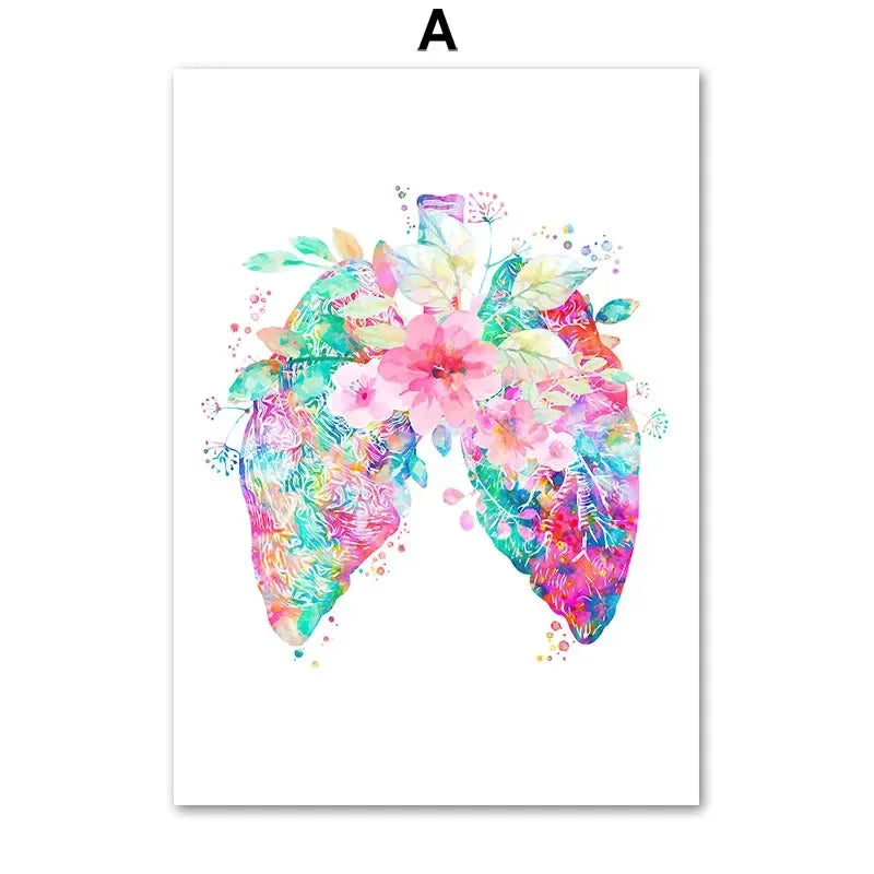 Heart Brain Lungs Kidney Rib Cage Liver Medical Floral Anatomy Poster Wall Art Canvas Print Painting Doctor Office