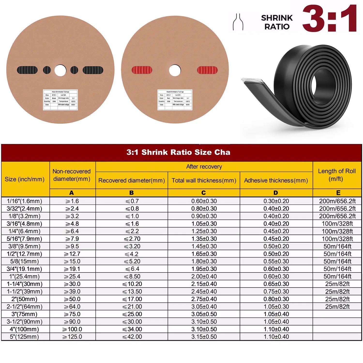 A Roll 3:1 Ratio Heat Shrink Tubing Φ1.6mm to Φ50m Dual Wall Adhesive Lined Shrinkable Wire Wrap Tube Waterproof Black