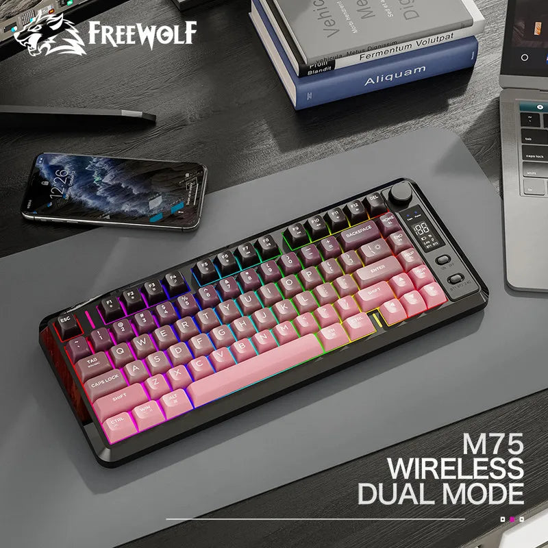 FREE WOLF M75 82-Key Compact Wireless Gaming Keyboard - Dual Mode (Bluetooth/2.4G) RGB Backlit OLED Display Large