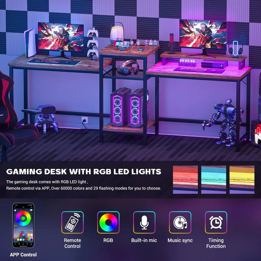 Double Computer Desk with LED Strip and Power Outlet 2 Person Desk with Monitor Stand and Storage Ergonomic Computer