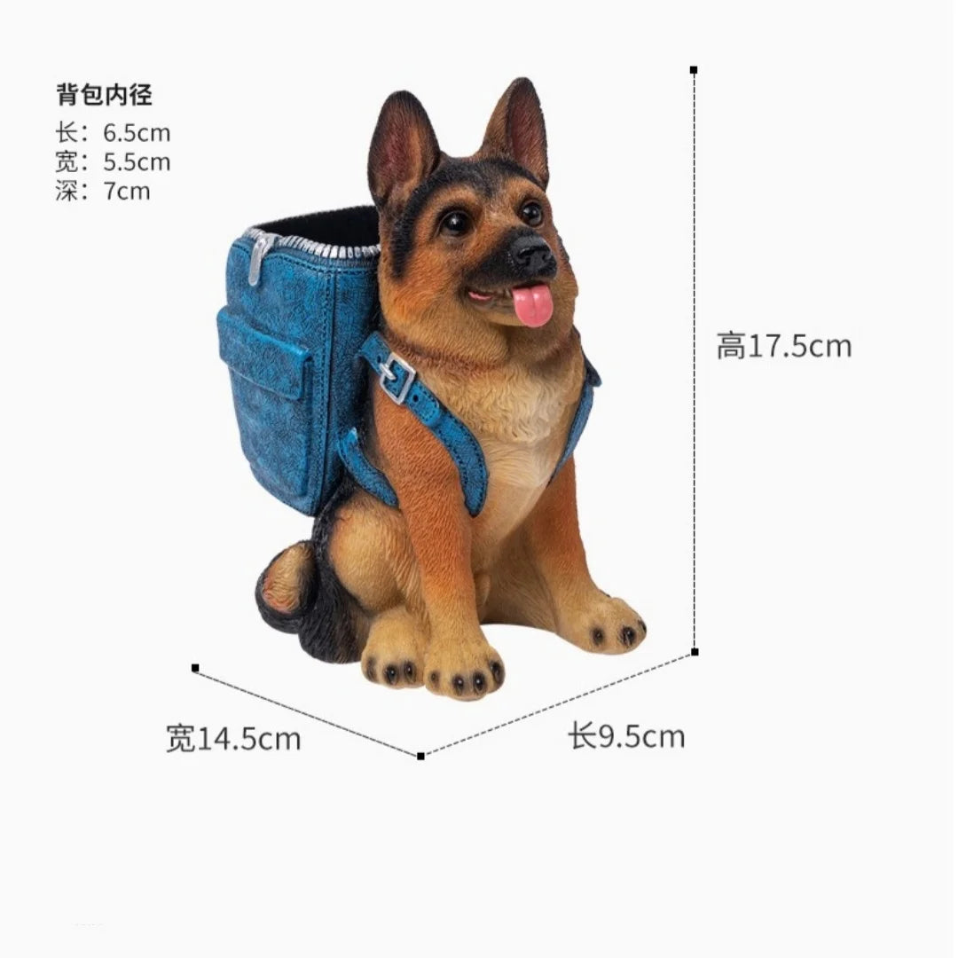 German Shepherd Pen Holder: Stylish Office Desk Stationery Organizer & Sculptural Ornament – New Resin Craft Dog Decor