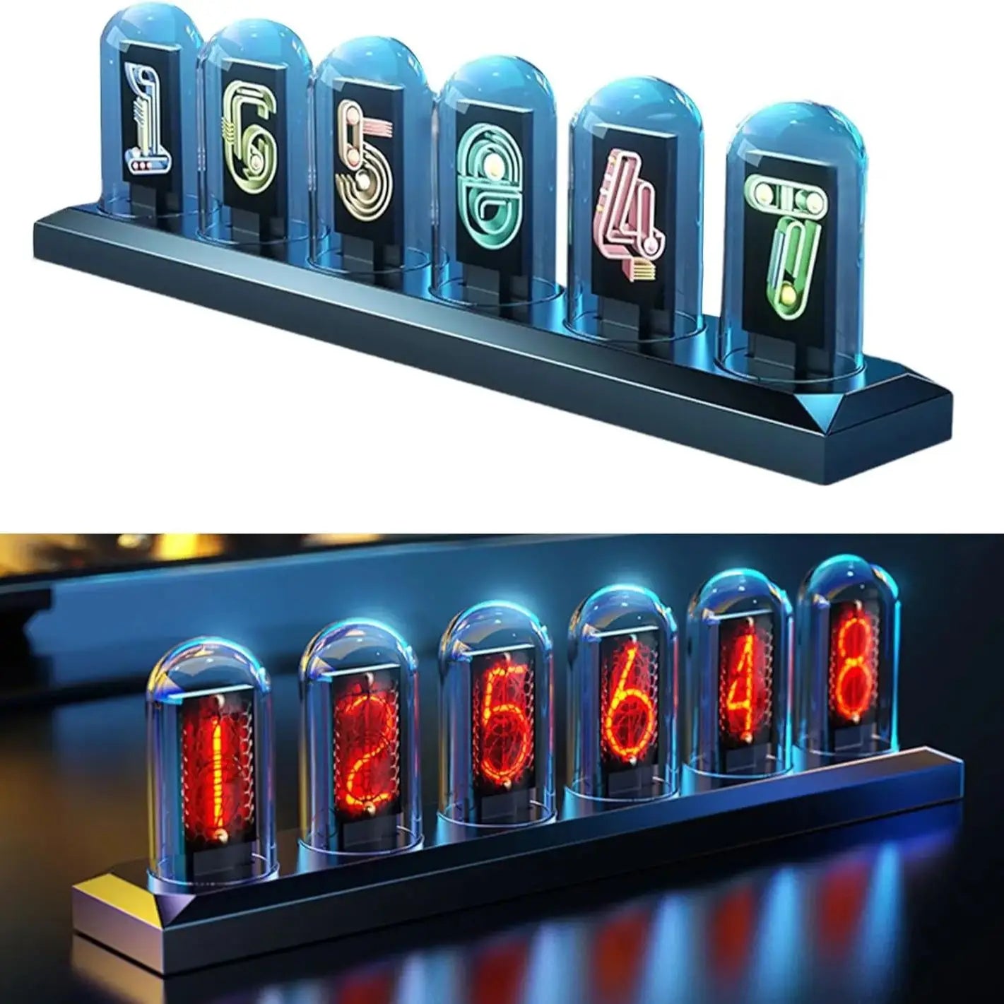 USB Powered RGB Nixie Tube Clock with IPS Color Screen Corded Electric Aluminum Oval Alarm Clock with Charging Port