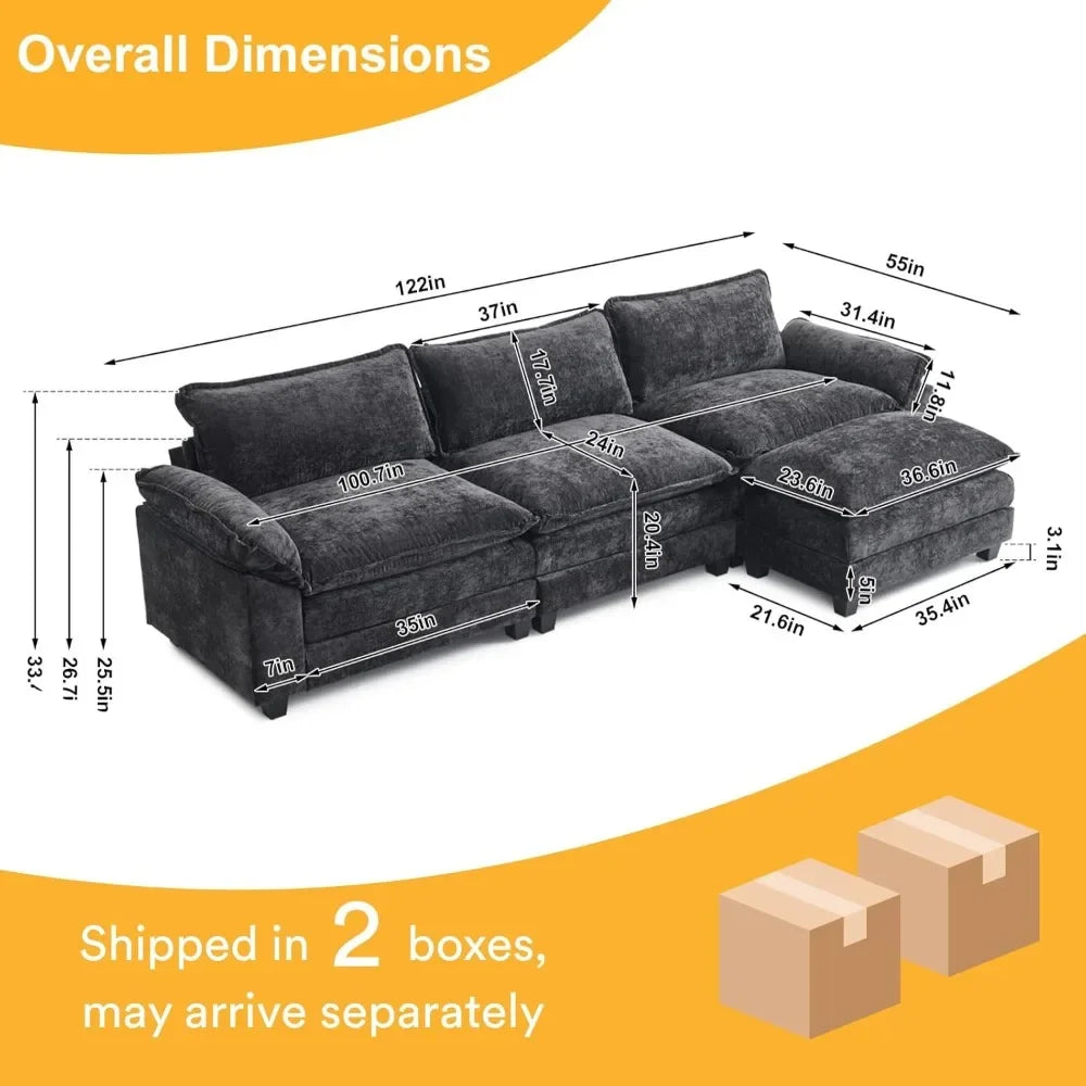 Modern L-Shaped 3-Seat Sectional Sofa with Ottoman Chenille Upholstery for Living Room - Dusty blue / United States