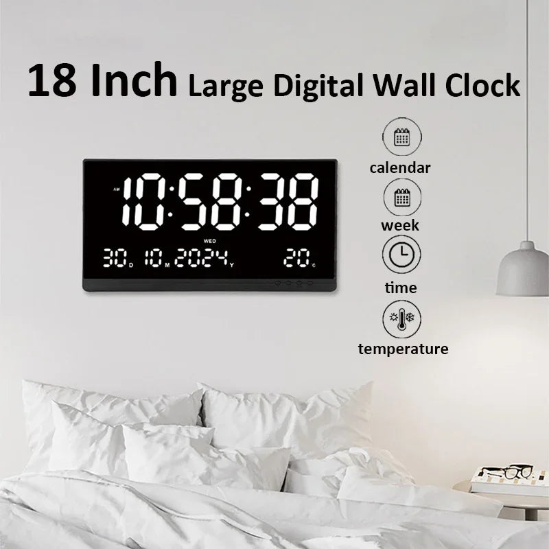 21 Inch Large Digital Wall Clock USB Powered Time Calendar 12/24H Time/Day/Month/Year/Temp Display Electronic LED Alarm