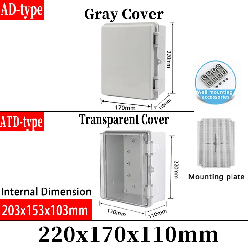 ABS plastic junction box AD type outdoor waterproof junction box - 220x170x110mm / Grey cover