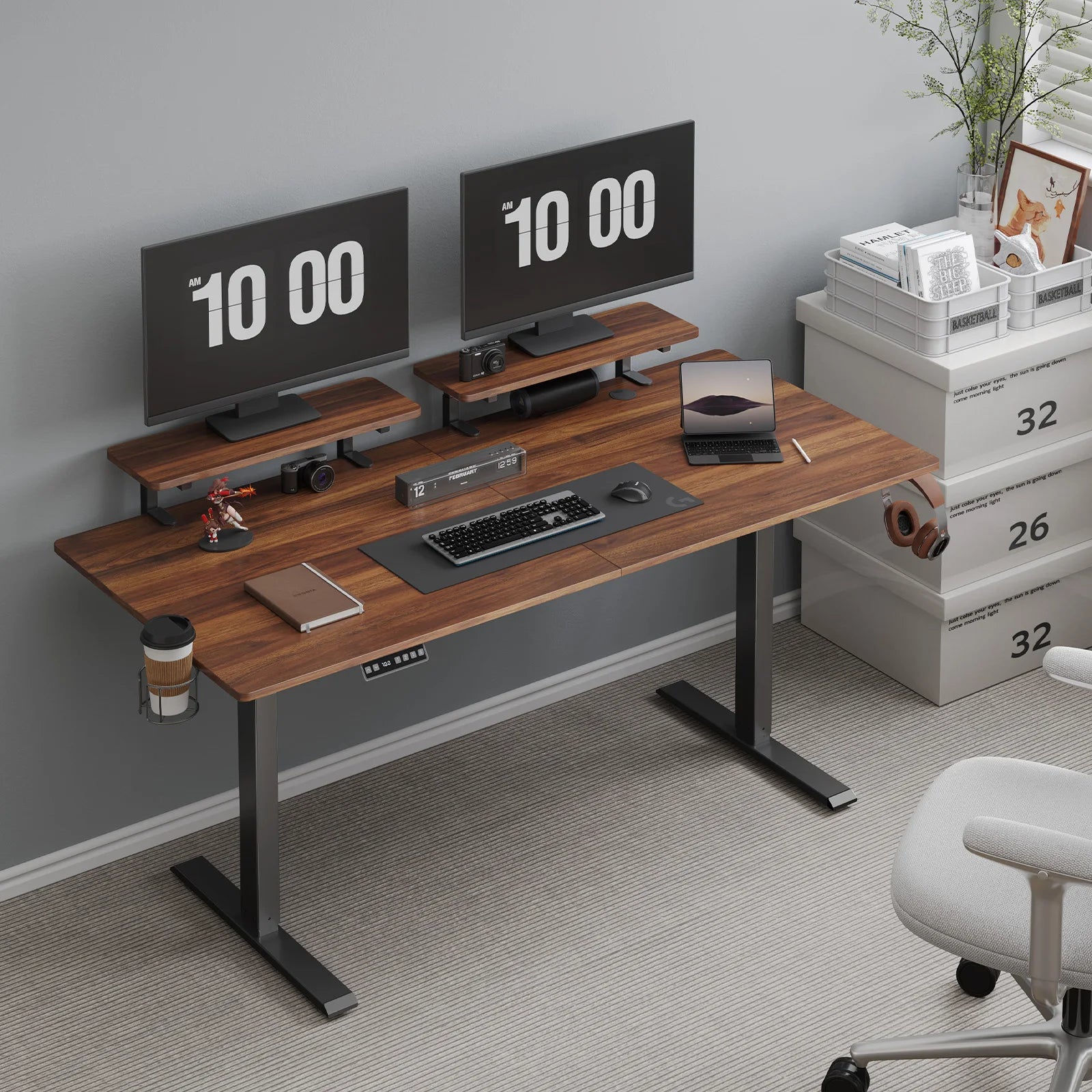 Standing Desk w/ 2 Adjustable Monitor Shelves,Electric Stand Up Desk with Memory Controller & Adjustable Height - 63