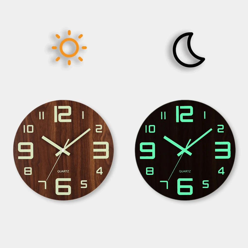12 Inch Luminous Wall Clock Wood Silent light in dark night Nordic Fashion Wall Clock Non Ticking Clock With Night