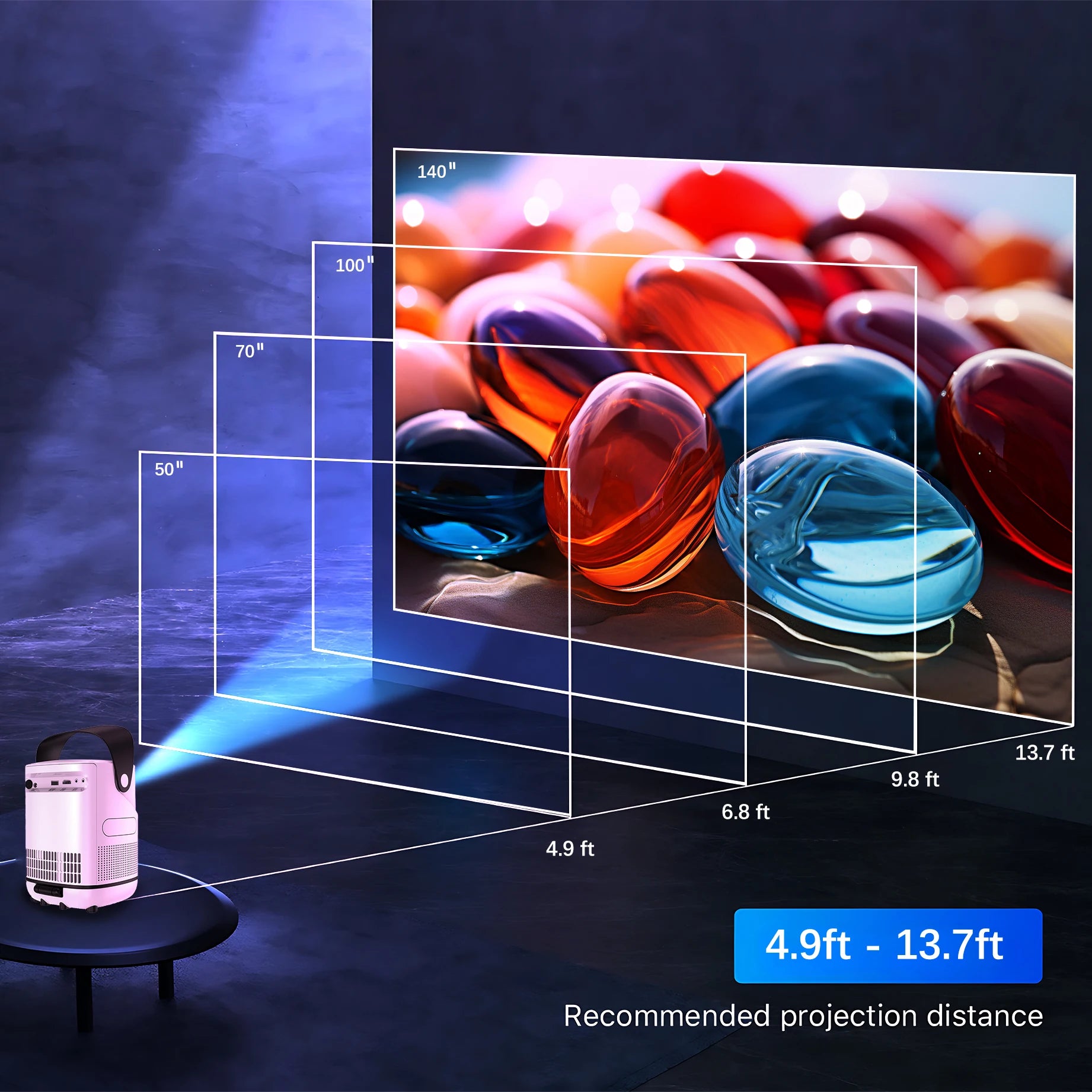 Portable Android Native 1080p Projector Support 4K 180°Adjustable Stand Wall Mount Design Wifi Bluetooth HDMI,USB,PC