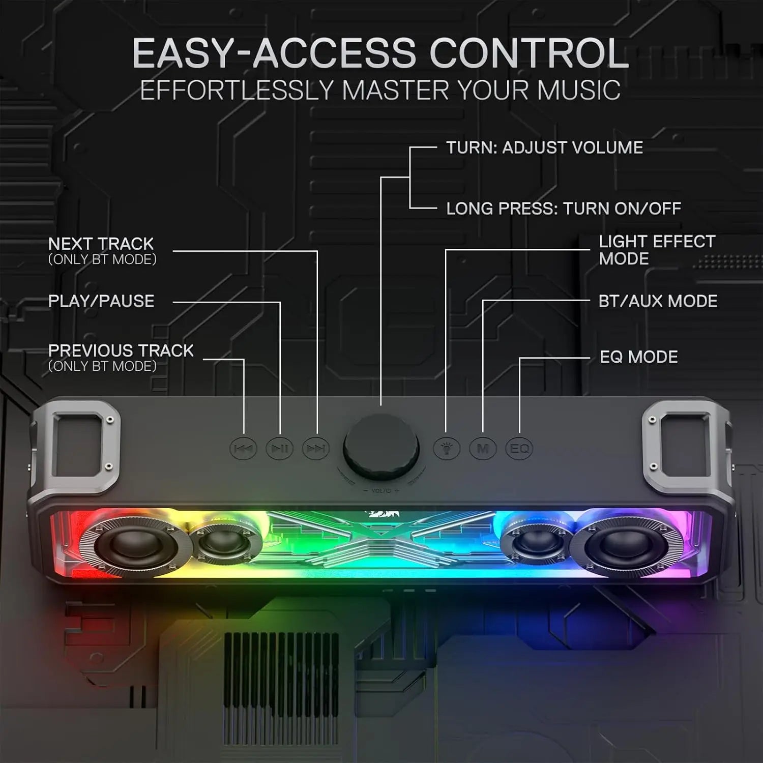 Redragon GS817 RGB 2.0 Channel Stereo Speakers Touch-Control Bluetooth 5.3 & 3.5mm AUX Inputs Desktop Soundbar Black