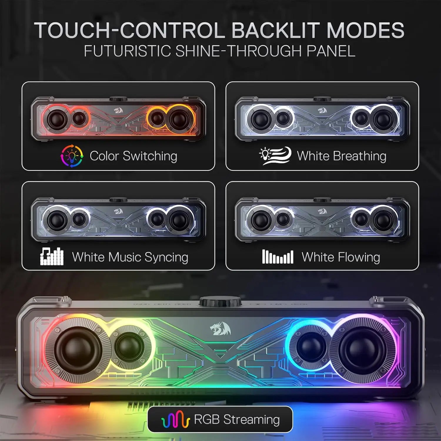 Redragon GS817 RGB 2.0 Channel Stereo Speakers Touch-Control Bluetooth 5.3 & 3.5mm AUX Inputs Desktop Soundbar Black