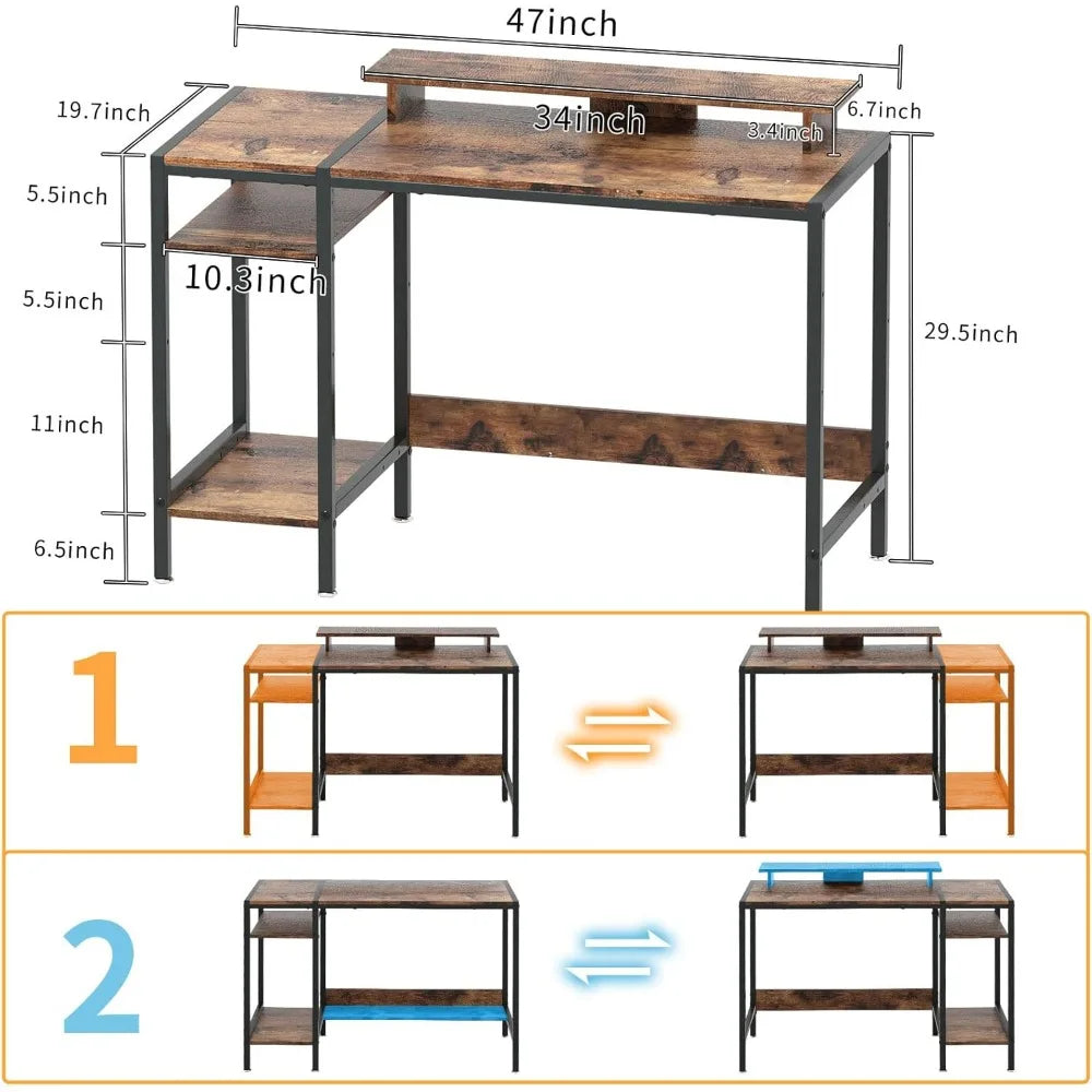 Gaming/Computer Desk - 47” Home Office Small Desk with Monitor Stand Rustic Writing Desk for 2 Monitors Adjustable