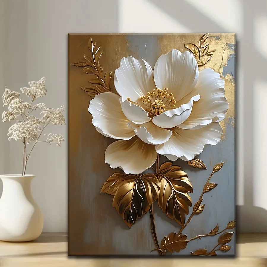 1PC Elegant White Floral Canvas Art Vintage Gold Flower Wall Decoration Living Room Bedroom Office Room Decoration