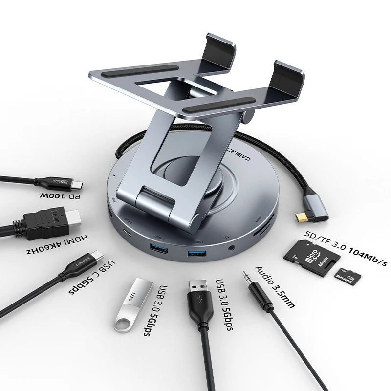 CABLETIME 8 in 1 Multi USB C Hub with 360 Rotating Stand HDMI 4K 60Hz PD 100W USB 5Gbps SD TF Aux 3.5mm for iPad Pro