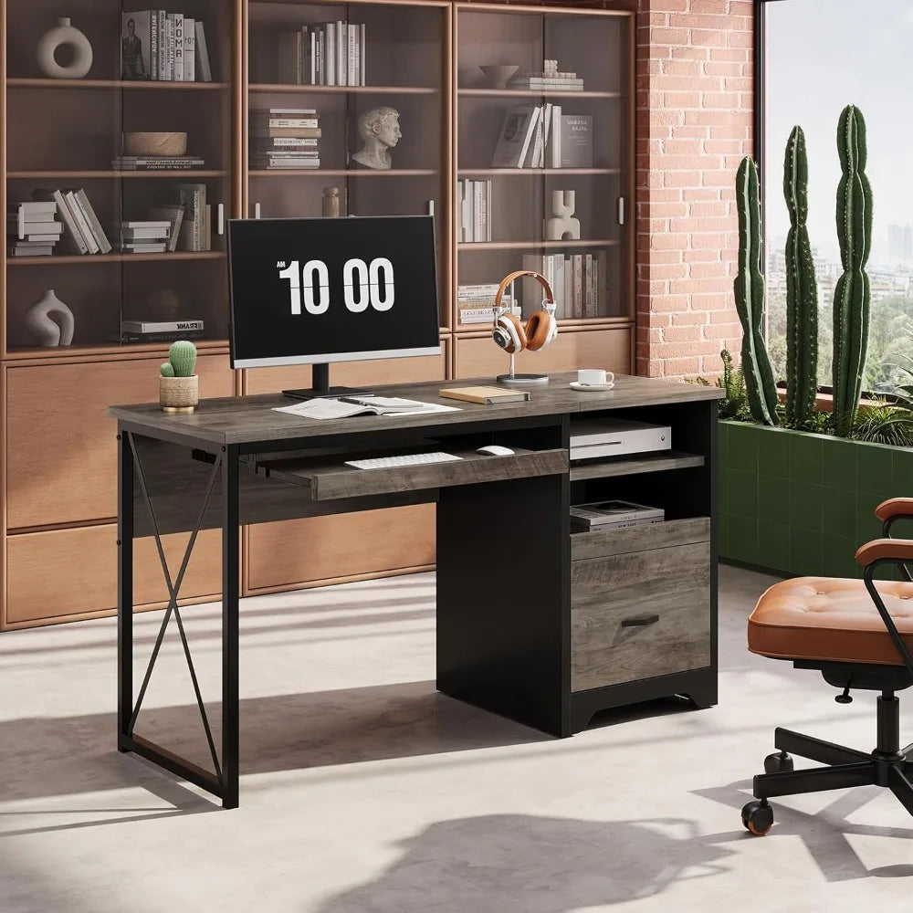 47 Small Desk with Drawers Home Office Computer Desk with Drawer Reversible Industrial Office Desk with Storage &
