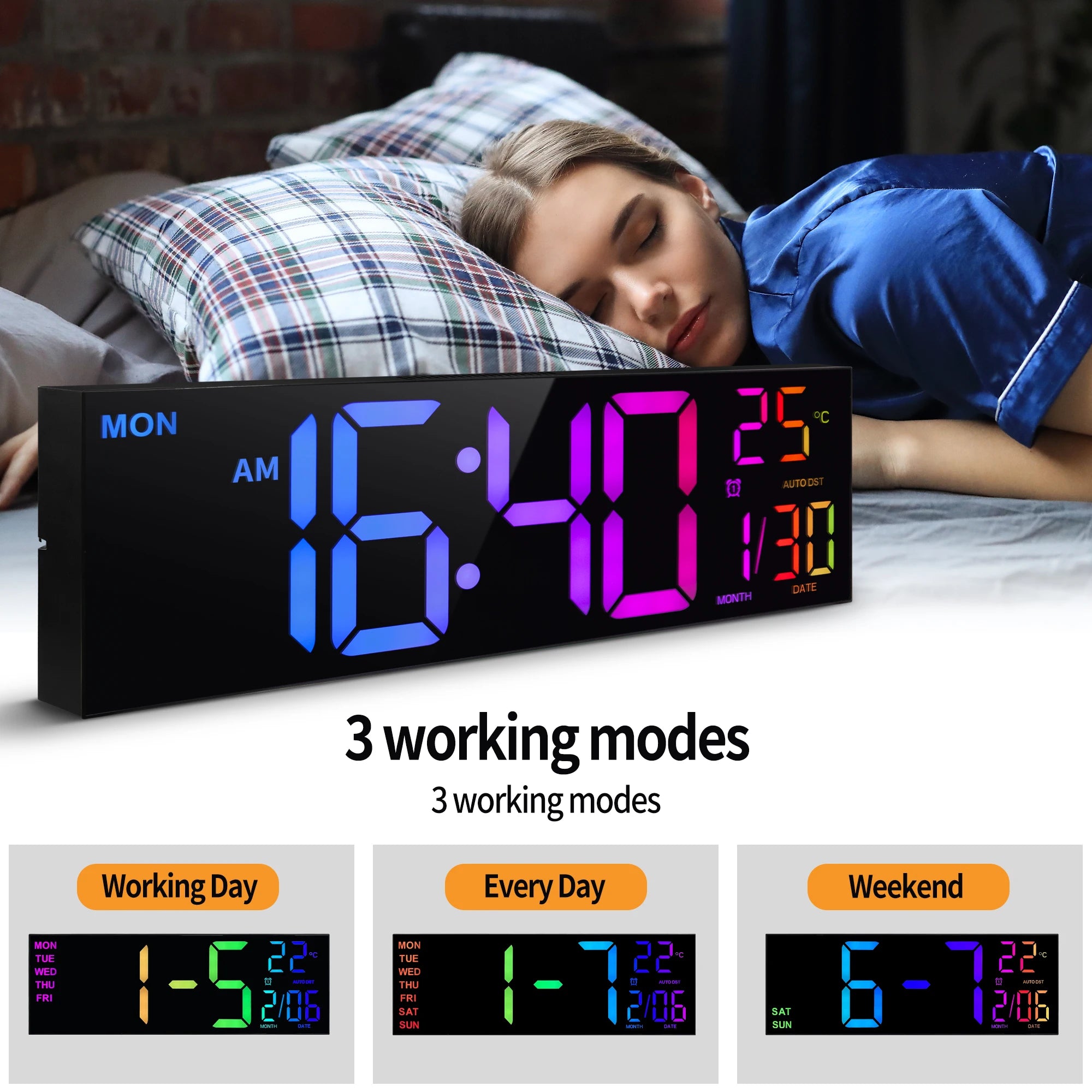 16’’ Large Digital Wall Clock Big LED Display with Remote 8 RGB Color Alarm DST Temperature for Living Room Kitchen