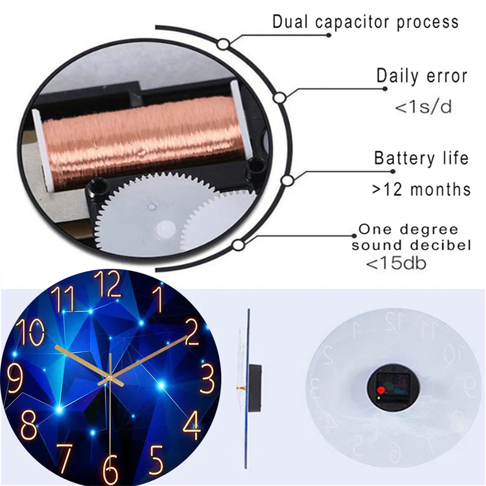 1pc 12inch Wall Clock Geometric Elements Dark Blue Thickened Tempered Glass Silent Movement Quartz Living Room Home