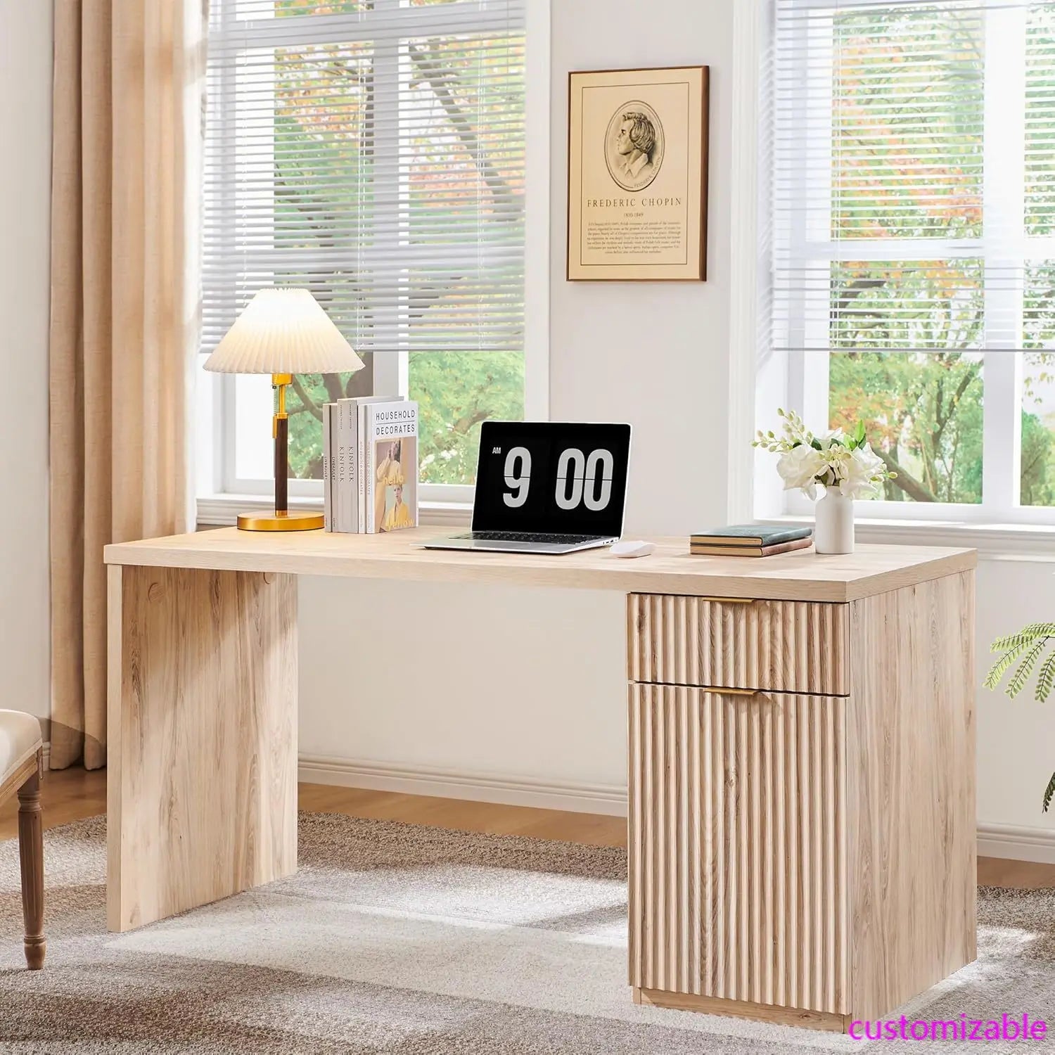 60’’ Modern Executive Desk with Storage Wood Home Office Desk with Drawer & Cabinet Fluted Computer Writing Desk