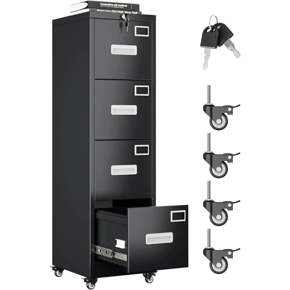 File Cabinet 4 Drawer with Wheels Lockable Office Metal Filing Cabinet with Name Card Mobile Storage Cabinet w/Smooth