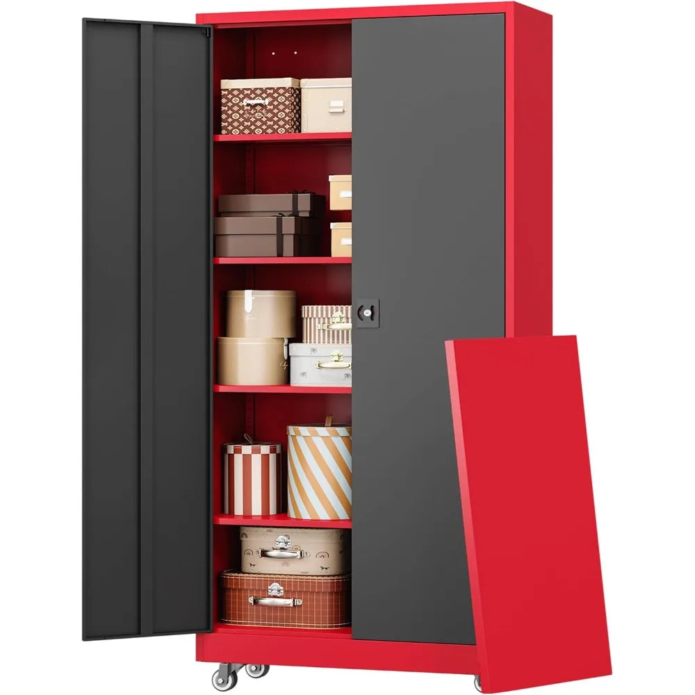 Metal Garage Storage Cabinet with Wheels 73’’ H Locking Tool Cabinet with 2 Doors and 4 Adjustable Shelves Tall Cabinet