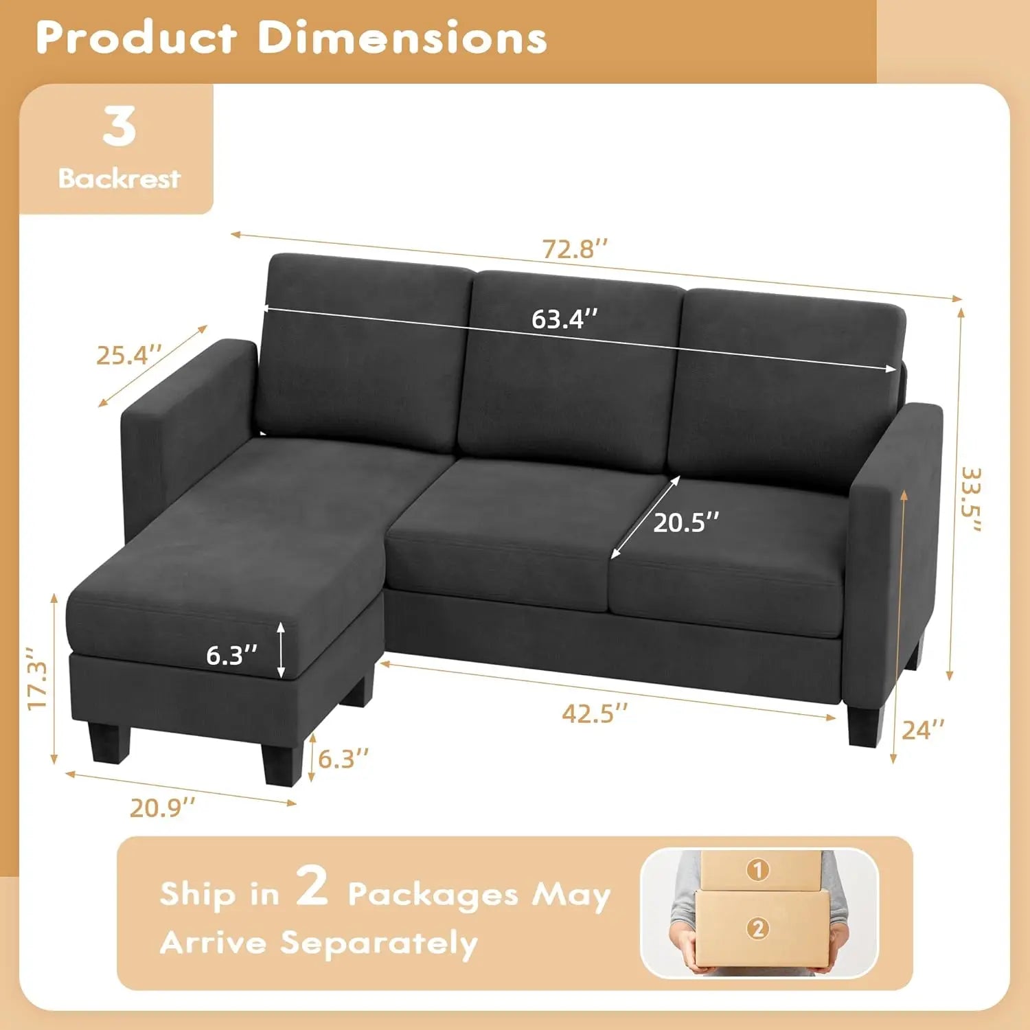 Sofa Couch 3 Seat L-Shaped Sofa with Linen Fabric Ottoman Small Couch for Small Apartments Living Room and Office (Dark