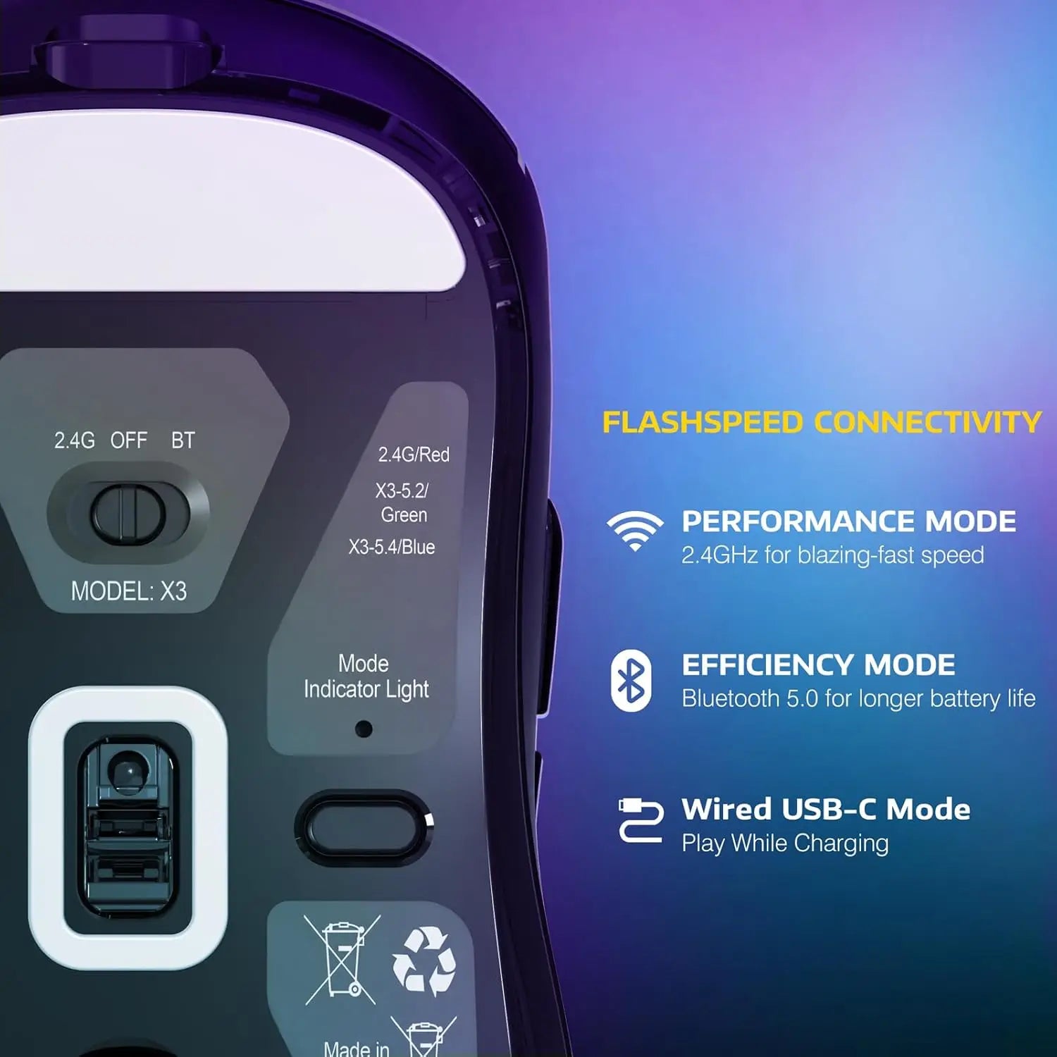 ATTACK SHARK X3 Lightweight Wireless Gaming Mouse 49g Tri-Mode,PAW3395 26K DPI Sensor 200h Battery Life,5 Programmable