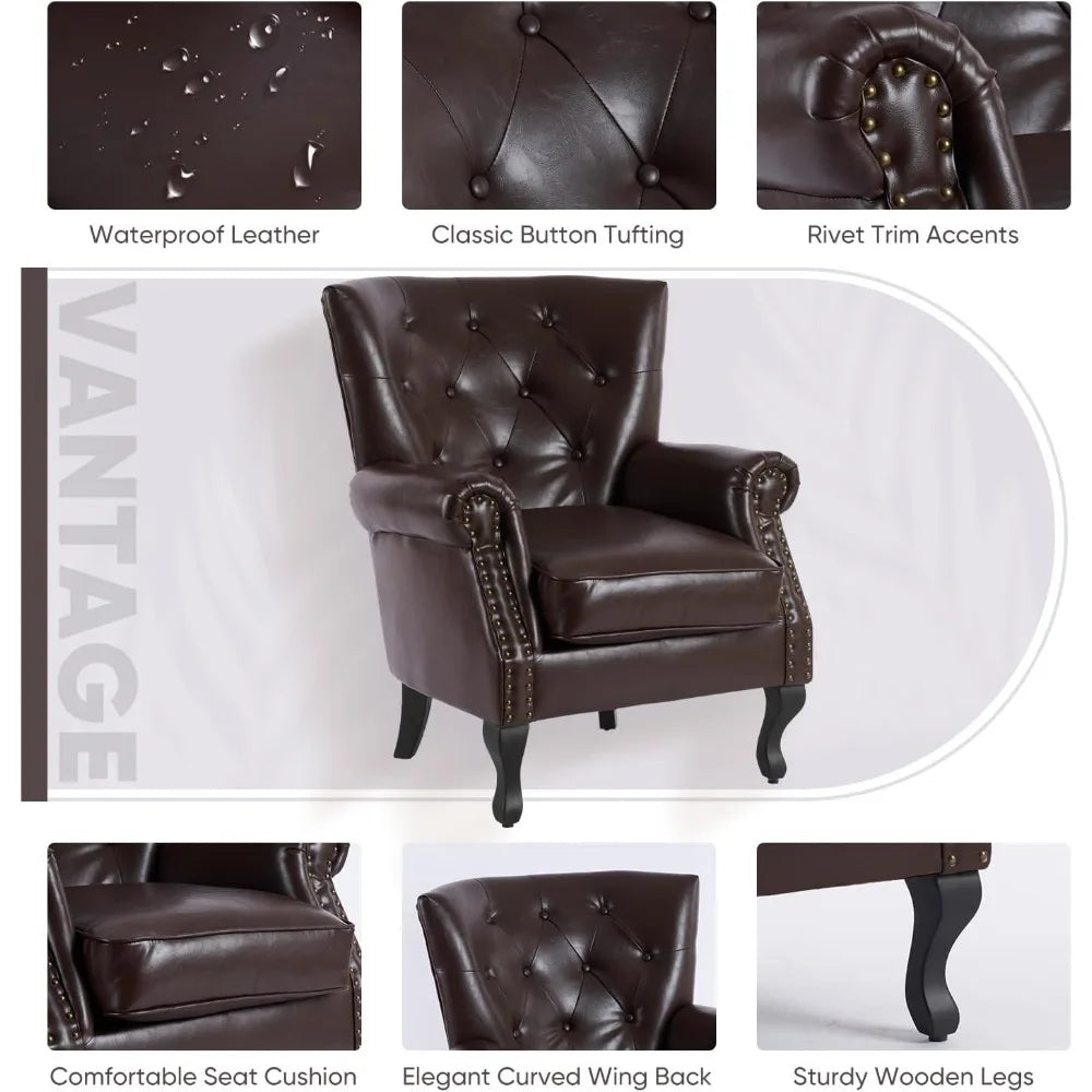 PU Leather Accent Chair Mid-Century Modern Armchair Living Room Club Chair with Tufted Button & Rivet Trim Upholstered