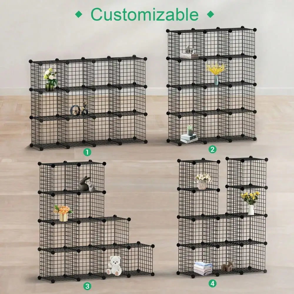 12-Cube Wire Cube Storage Organizer Shelving Wire Shelves Rack Modular Bookshelf - black / United States