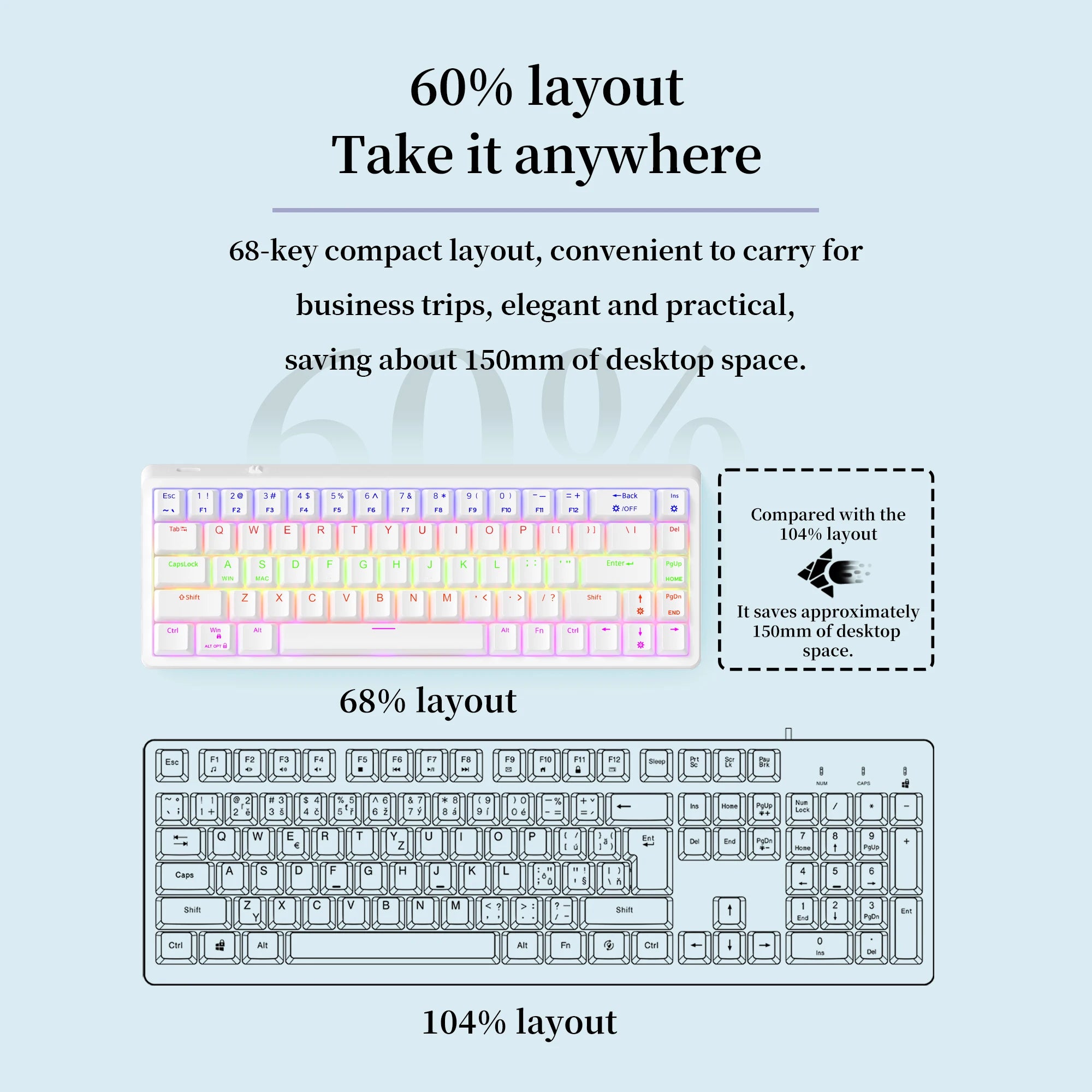 Wired 68-key mechanical keyboard ergonomic RGB backlight LED red switch game keyboard suitable for PC laptop office