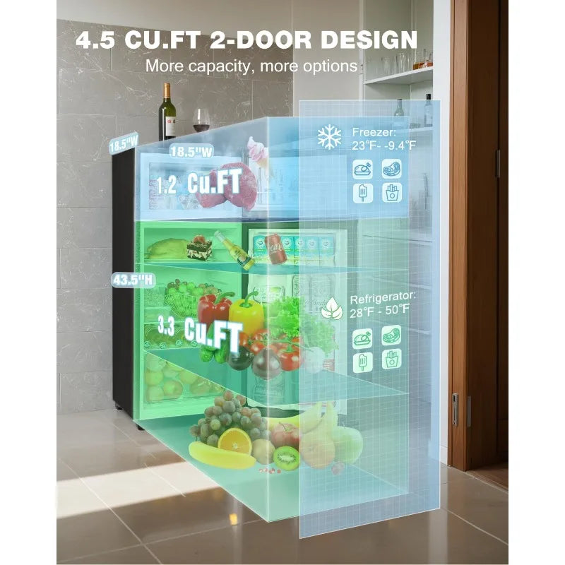 Double Door Refrigerator with Freezer 4.5 Cu.Ft Small Fridge with Freezer 7 Settings Temperature Adjustable,Mini