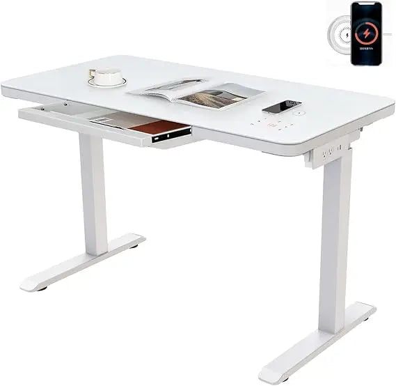 Electric Standing Desk with Drawer Adjustable Height Sit Stand Desk with Tempered Glass Top Touchscreen Controller
