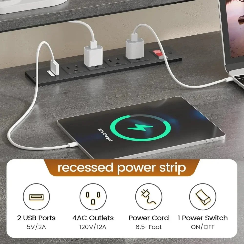 L Shaped Office Desk 66’’ Home Office Desk with File Drawer & Power Outlet Gaming Desk with Led Lights