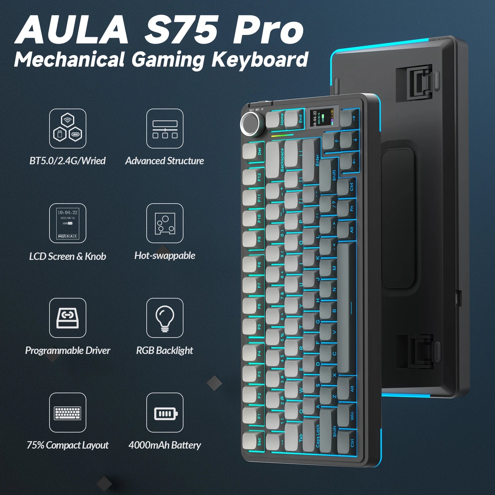 AULA S75pro Wireless Keyboard Tri-mode RGB Gaming Keyboard Hot Swap PBT Keycaps with Macro Software - Gray Black