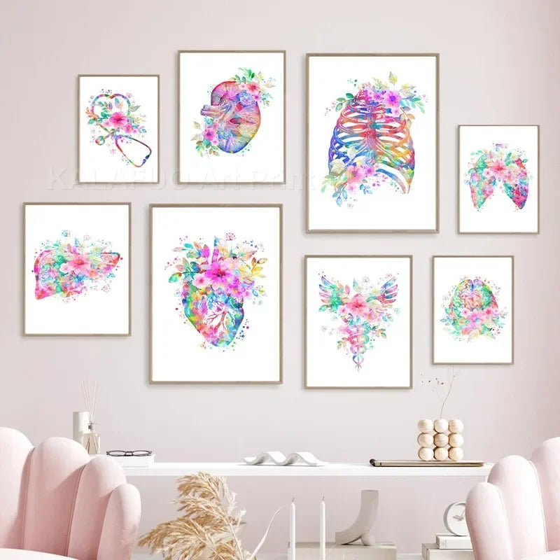 Heart Brain Lungs Kidney Rib Cage Liver Medical Floral Anatomy Poster Wall Art Canvas Print Painting Doctor Office