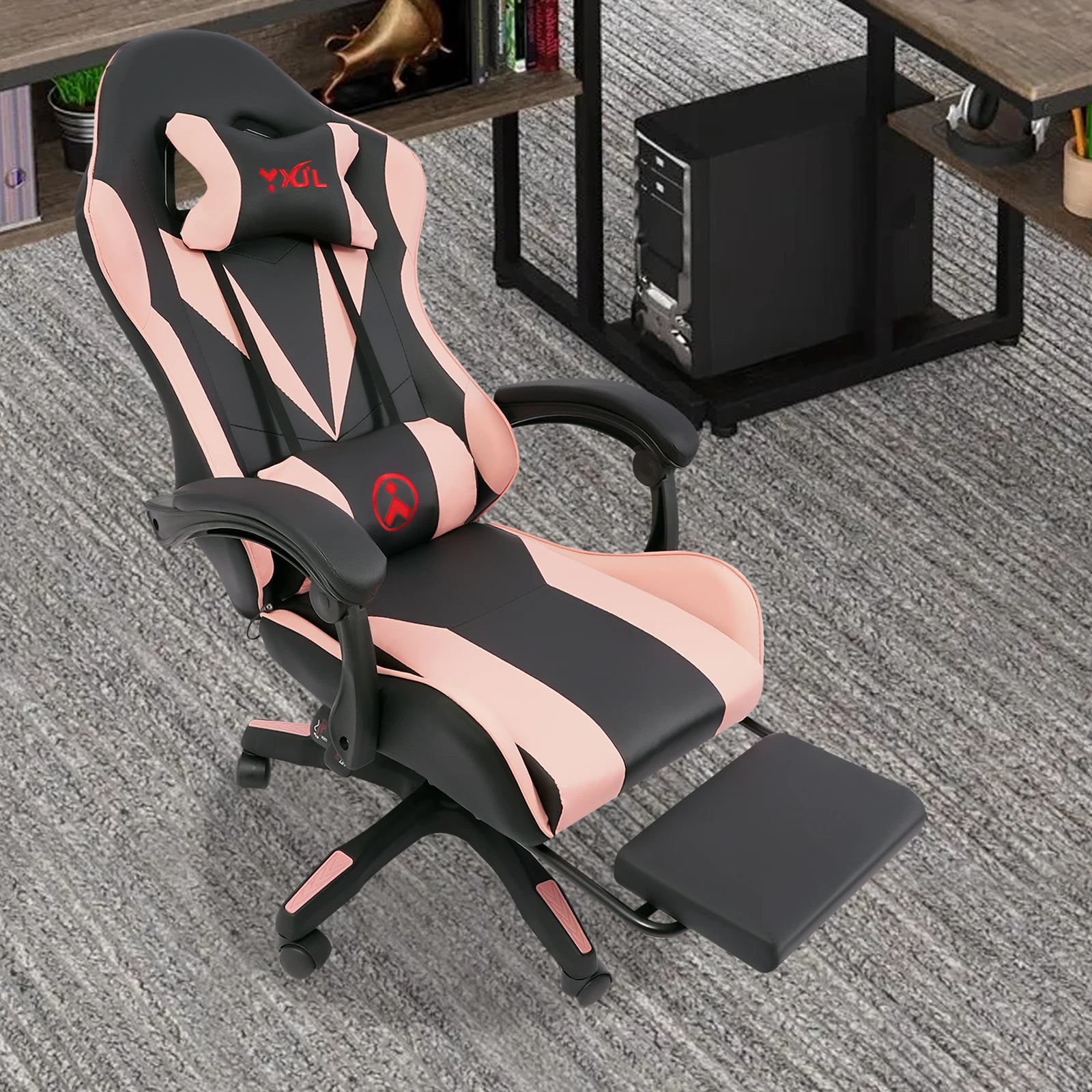 Adjustable Swivel Task Chair Bluetooth - Equipped Pink Gaming Chair with Comfortable Lumbar Support Pillow