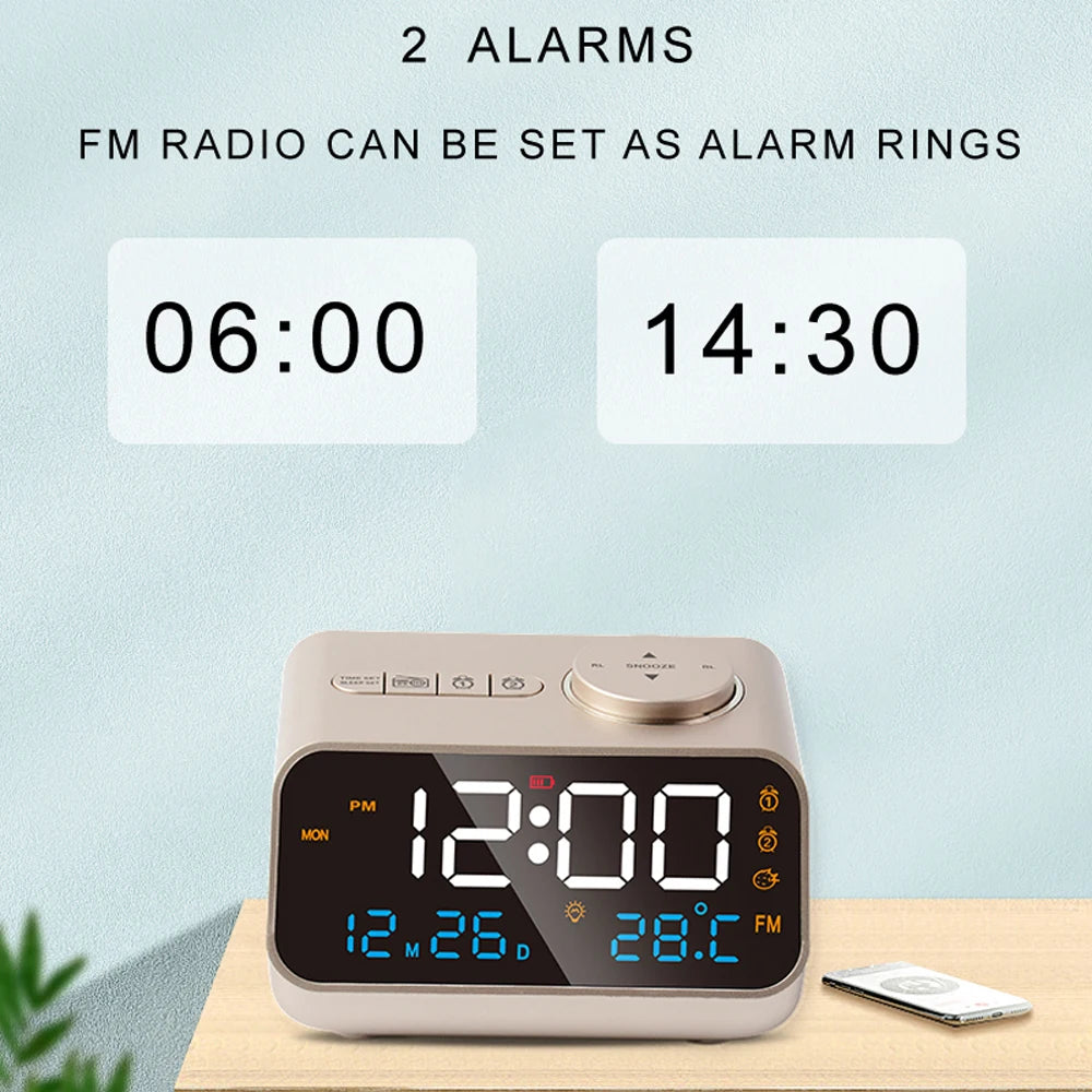 Mordern FM Radio LED Alarm Clock for Bedside Wake Up. Digital Table Calendar with Temperature Thermometer Humidity
