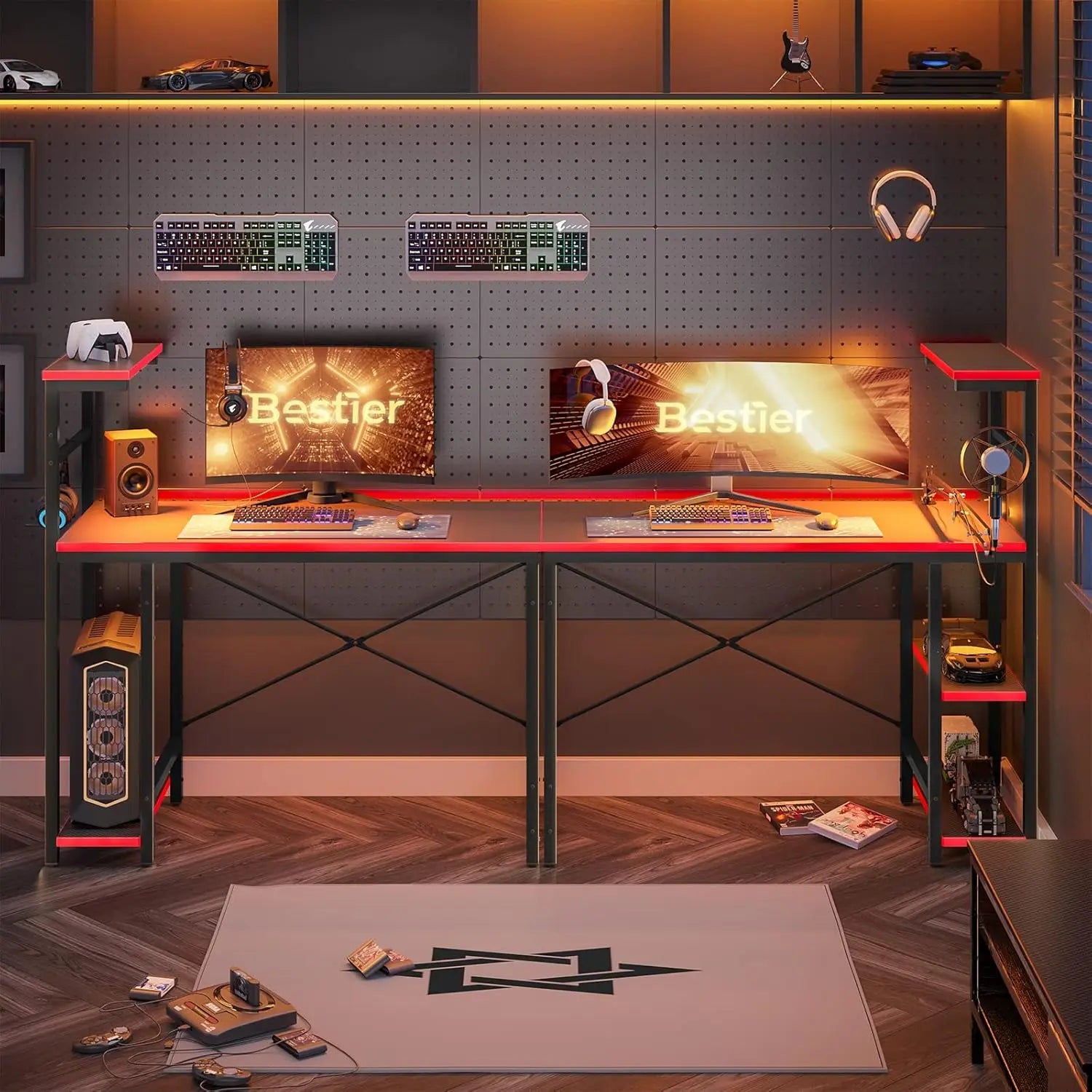 Gaming Desk with LED Lights 44 Inch PC Gamer Desk for Small Spaces Computer Desk with Reversible Storage Shelves