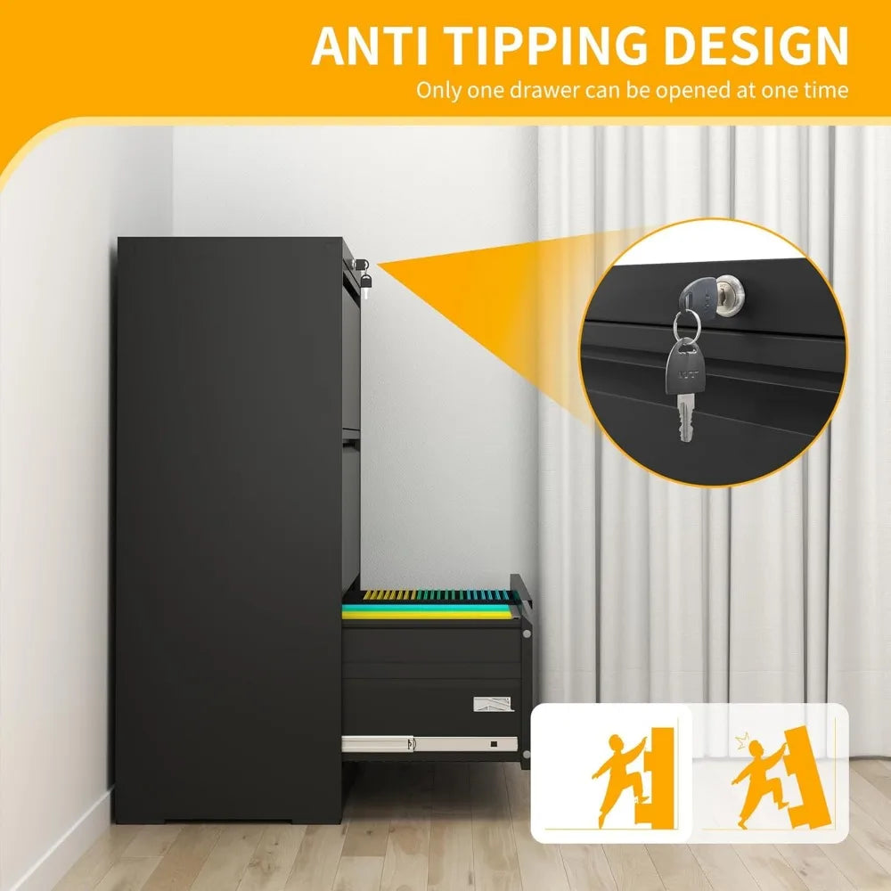 File Cabinet with Lock 3 Drawer Lateral Filing Cabinet for Home Office Black Metal Heavy Duty File Cabinets for Hanging